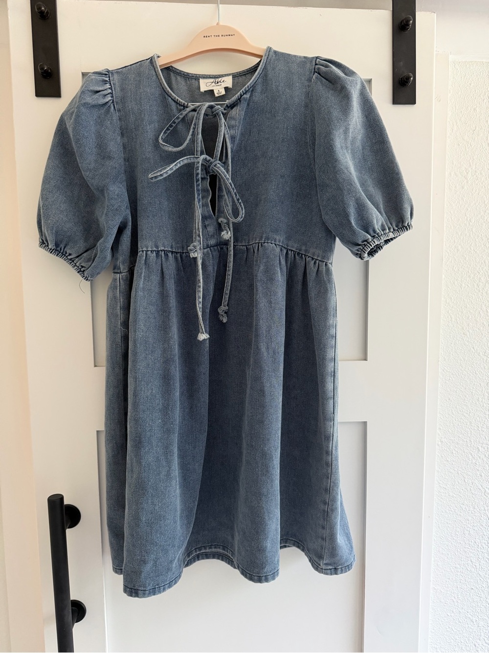Able Denim Tie-Neck Puff Sleeve Dress - Blue